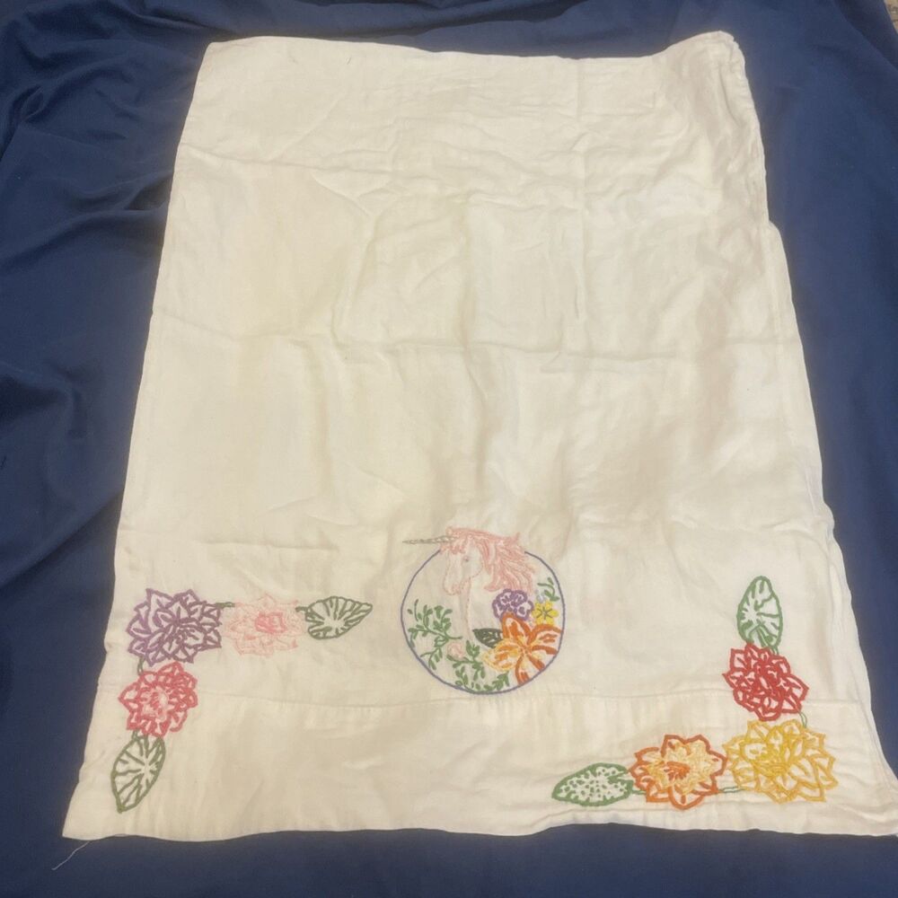 hand embroidered standard pillowcase OOAK Unicorn Girls Flowers